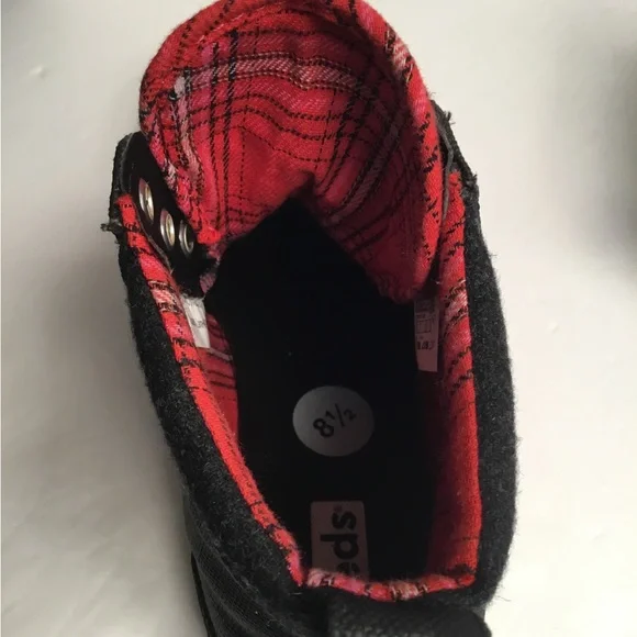 Keds Black Lace-Up High-Top Boots with Red Plaid Lining - Picture 11 of 11